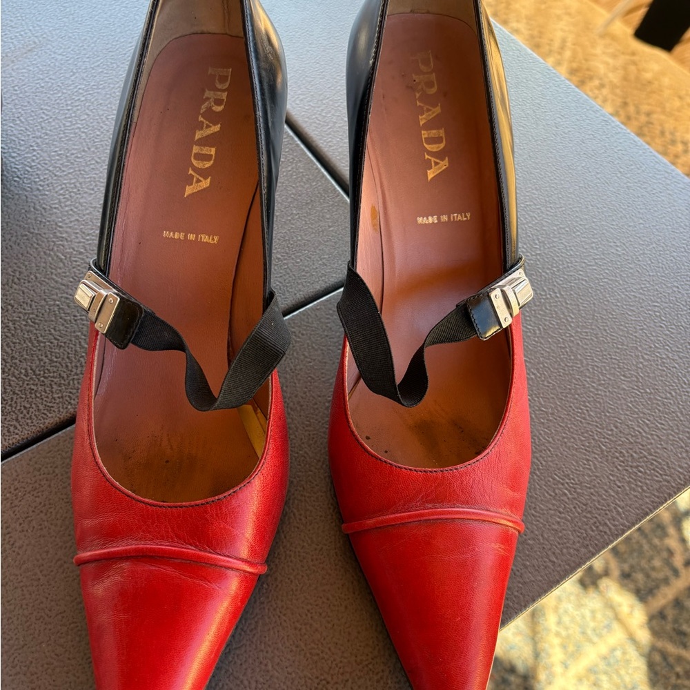 Prada Red and Black Leather Pointed-Toe Heels